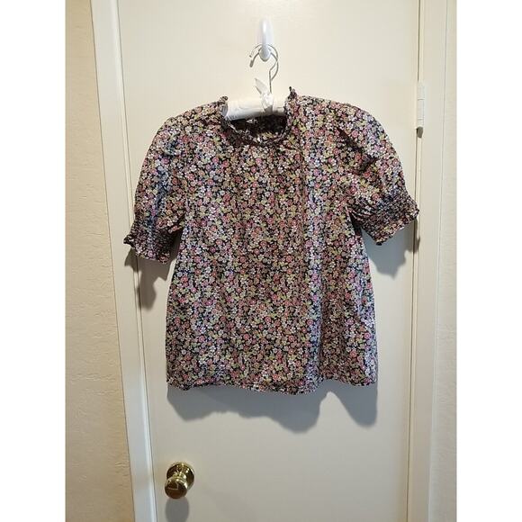 J Crew Womens Size Small Smocked Puff Sleeve Blouse Cotton Poplin Top Floral - Picture 2 of 11